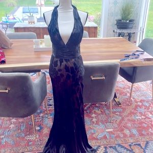 Black satin Marchesa Deep V Halter evening dress Size 6